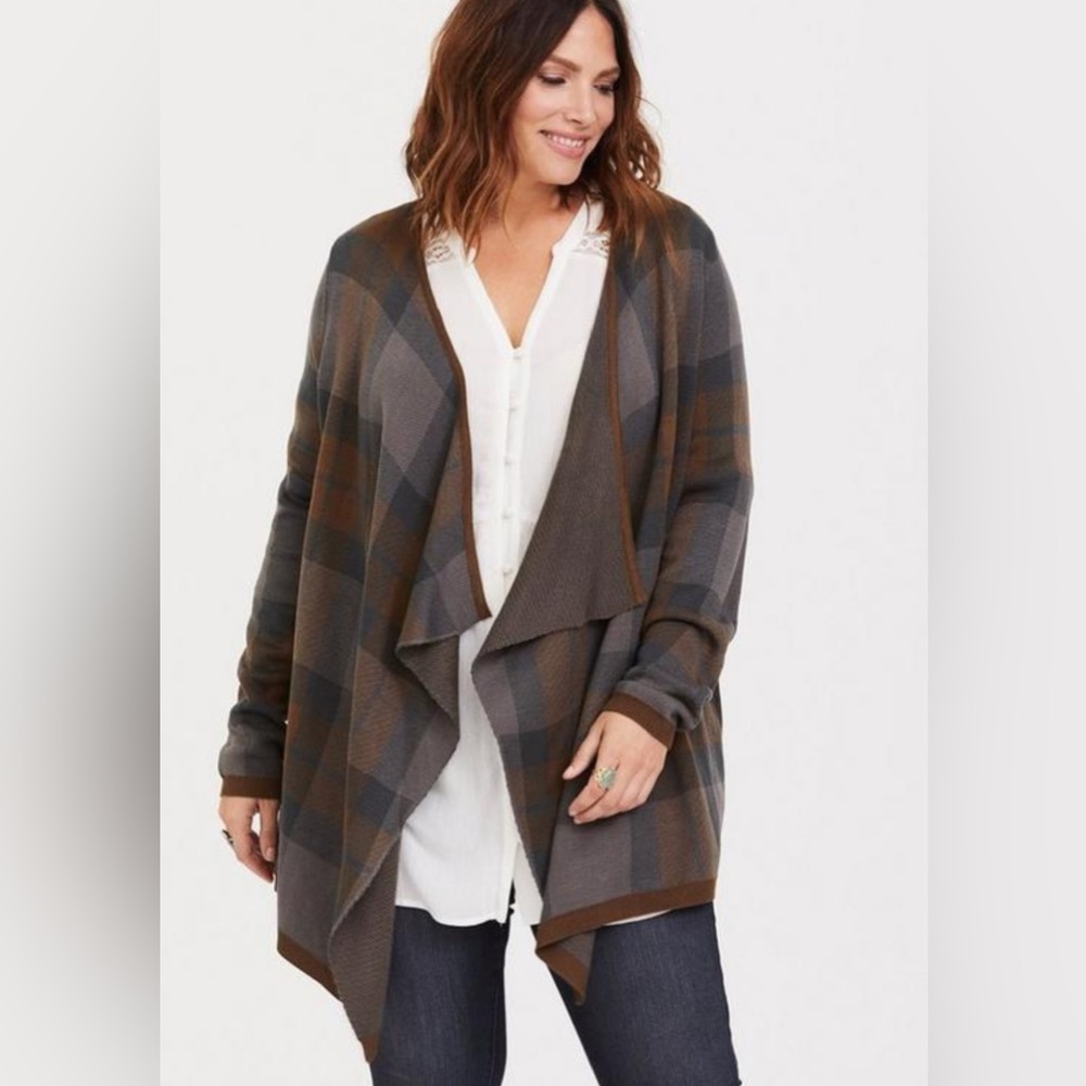 torrid Brown and Gray Plaid Draped Open Cardigan